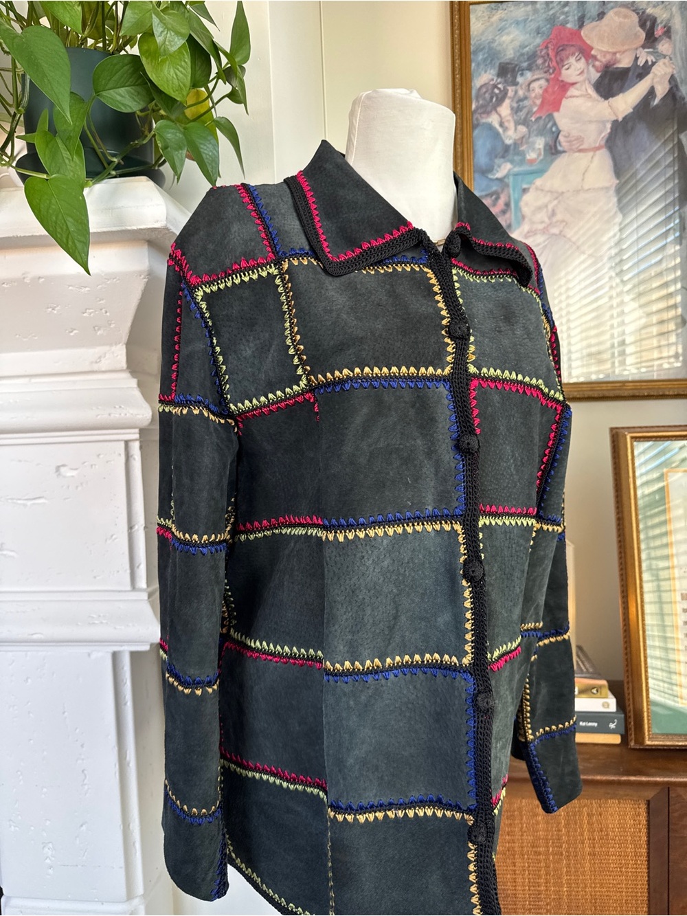 Black Patchwork Suede Jacket with Colorful Stitching